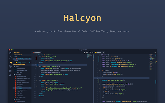 Halcyon Theme homepage hero with screenshot of VS Code editor
