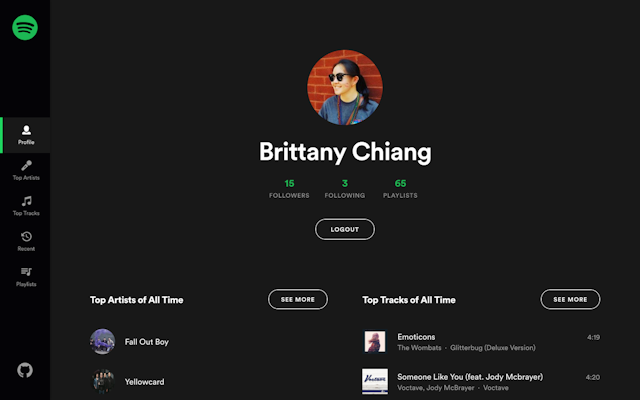 Spotify Profile app homepage